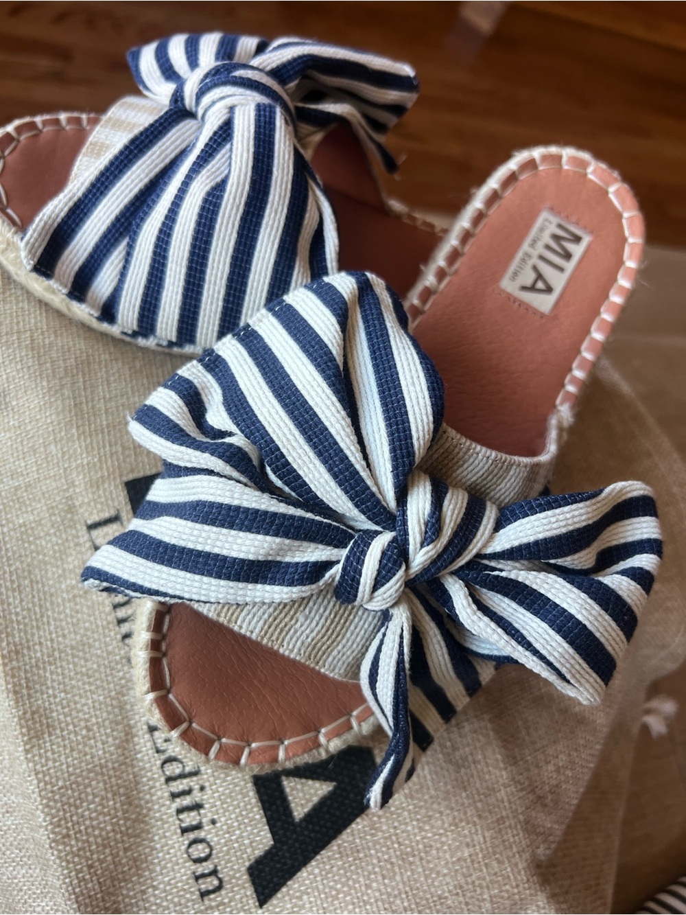 New MIA Navy & White Striped Bow Espadrille Slide